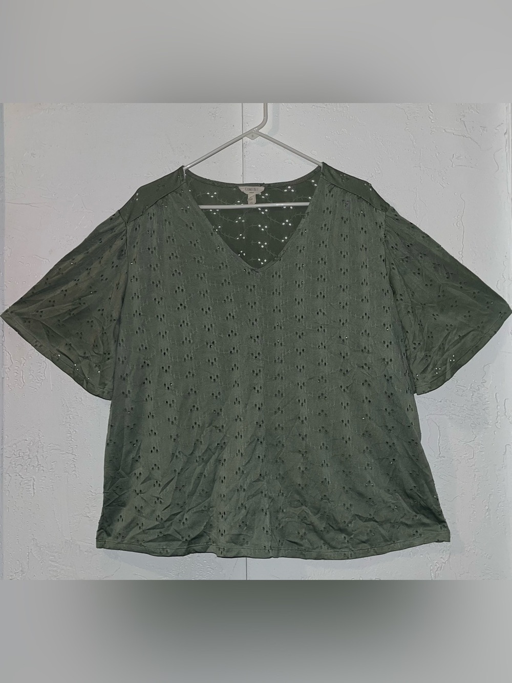 Como Blu Olive V-neck Eyelet Blouse with Short Flutter Sleeves